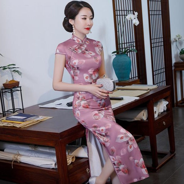 Cap Sleeve Silk Blend Traditional Cheongsam Bodycon Floral Chinese Dress