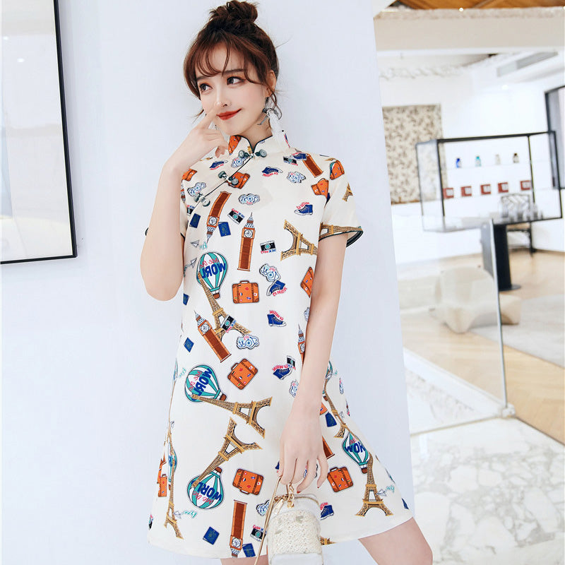 Cap Sleeve Spandex Cheongsam Chinese Style Comfortable Day Dress