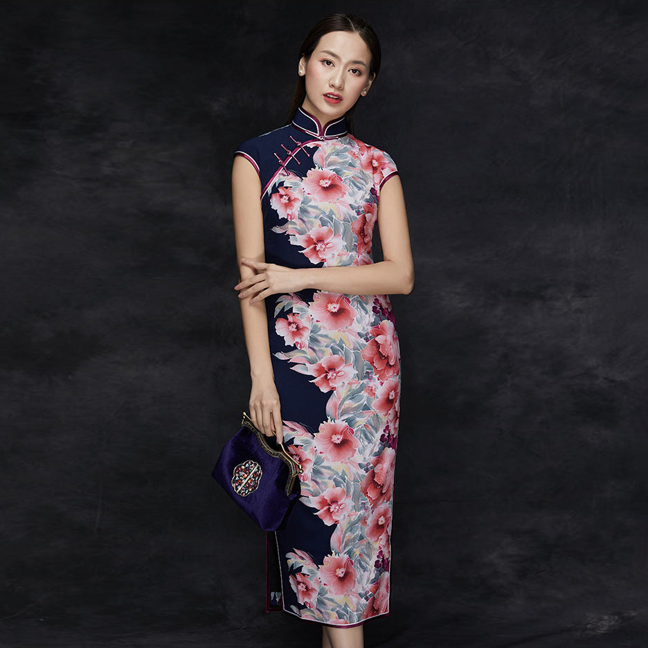 Cap Sleeve Stretch Silk Floral Cheongsam Traditional Qipao Dress