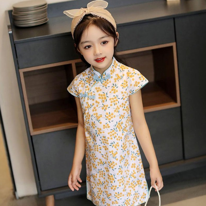 Cap Sleeve Stretchy Kid's Cheongsam Knee Length Floral Chinese Dress