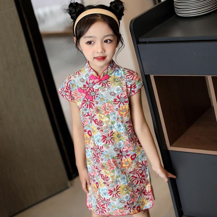 Cap Sleeve Stretchy Kid's Cheongsam Knee Length Floral Chinese Dress