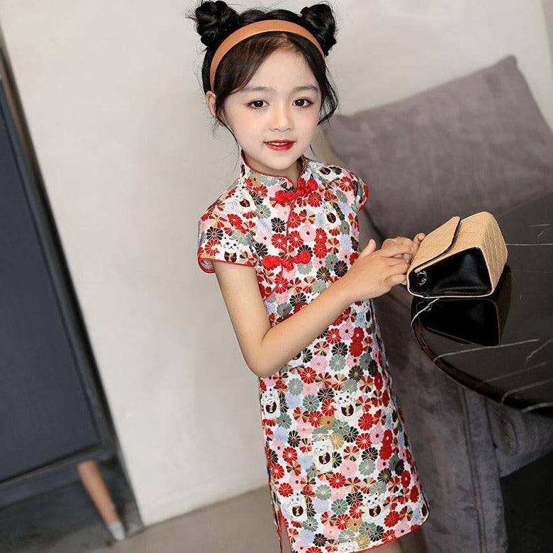 Cap Sleeve Stretchy Kid's Cheongsam Knee Length Floral Chinese Dress