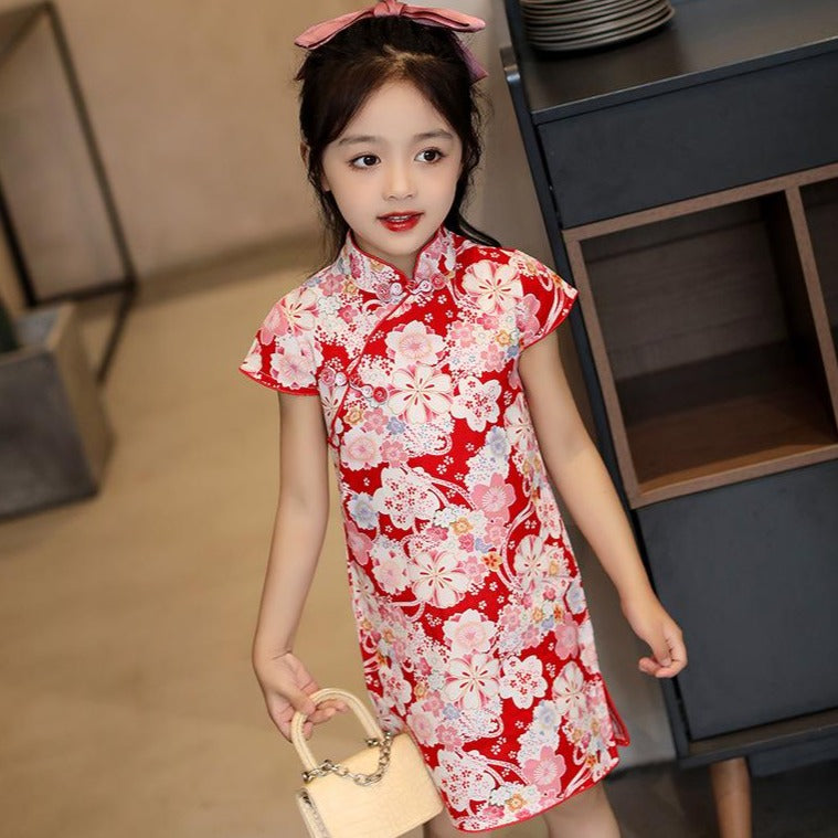 Cap Sleeve Stretchy Kid's Cheongsam Knee Length Floral Chinese Dress