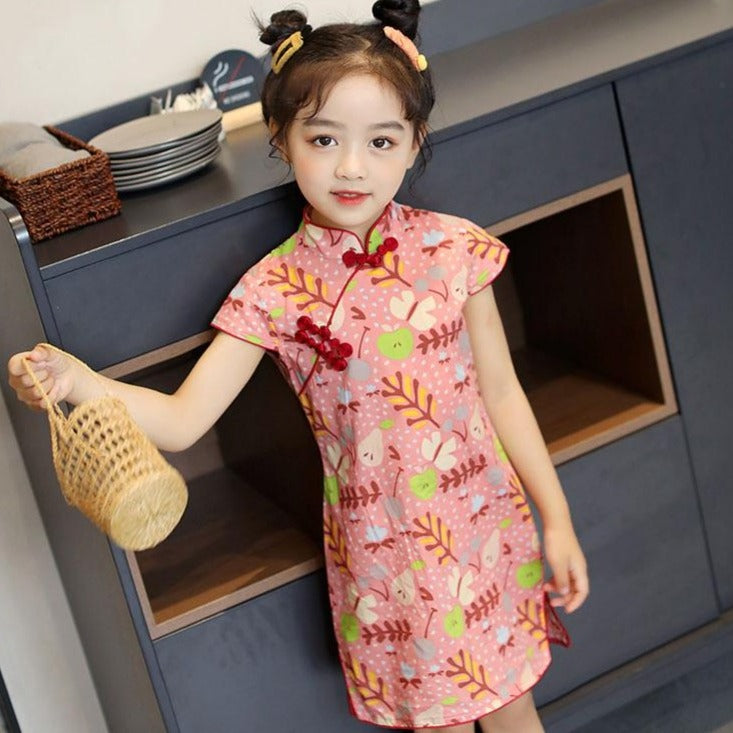 Cap Sleeve Stretchy Kid's Cheongsam Knee Length Floral Chinese Dress