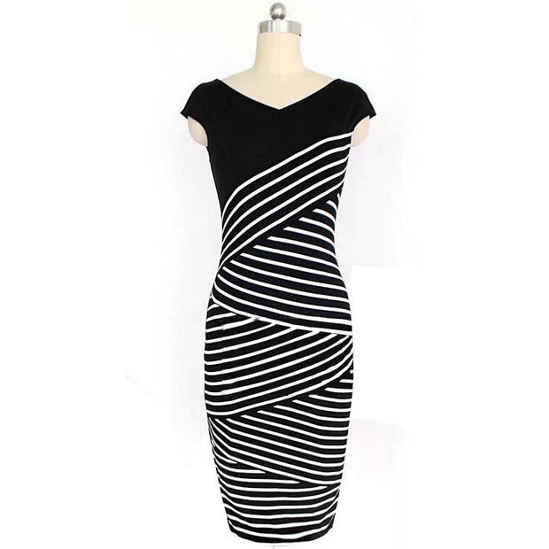 Cap Sleeve Stripes Pattern Knee Length Pencil Dress