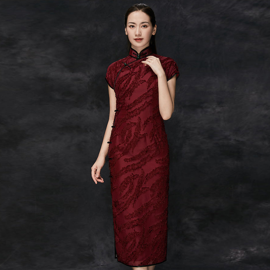 Cap Sleeve Tea Length Cheongsam Chinese Evening Dress