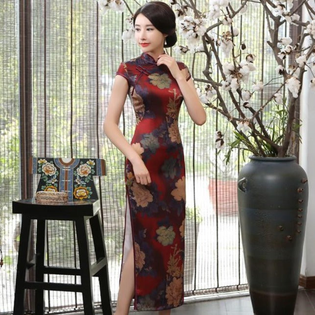 Cap Sleeve Tea Length Floral Cheongsam Chinese Dress