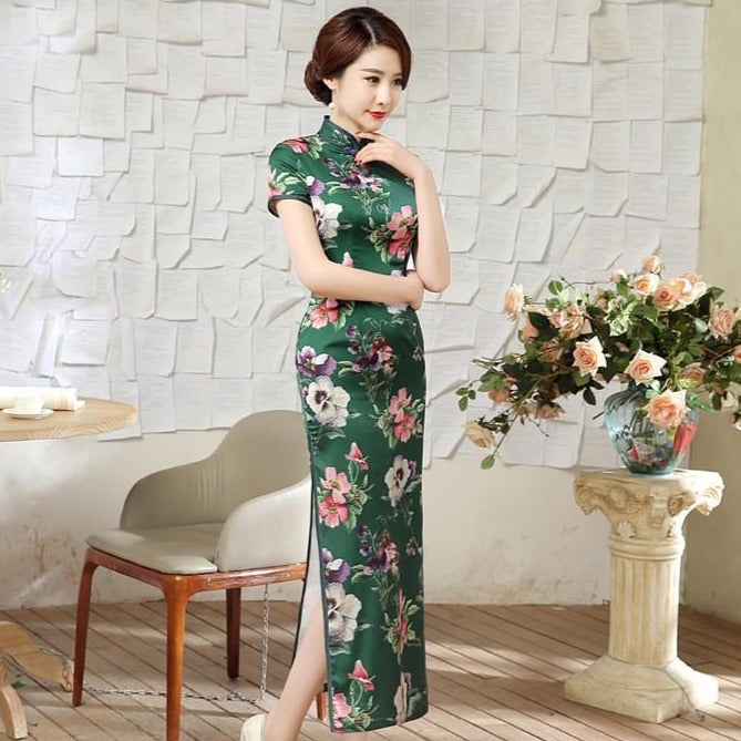 Cap Sleeve Tea Length Floral Cheongsam Chinese Dress