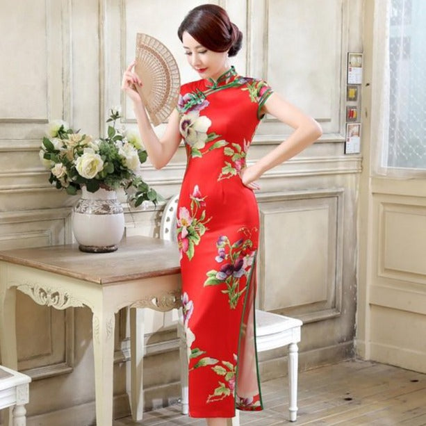 Cap Sleeve Tea Length Floral Cheongsam Chinese Dress with Strap Buttons