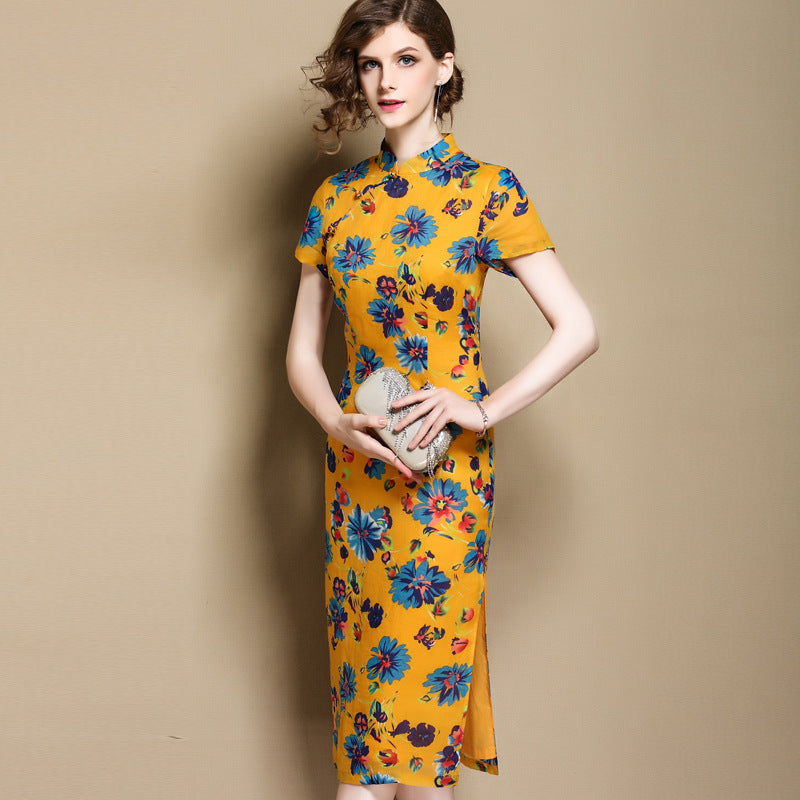 Cap Sleeve Tea Length Floral Cheongsam Evening Dress