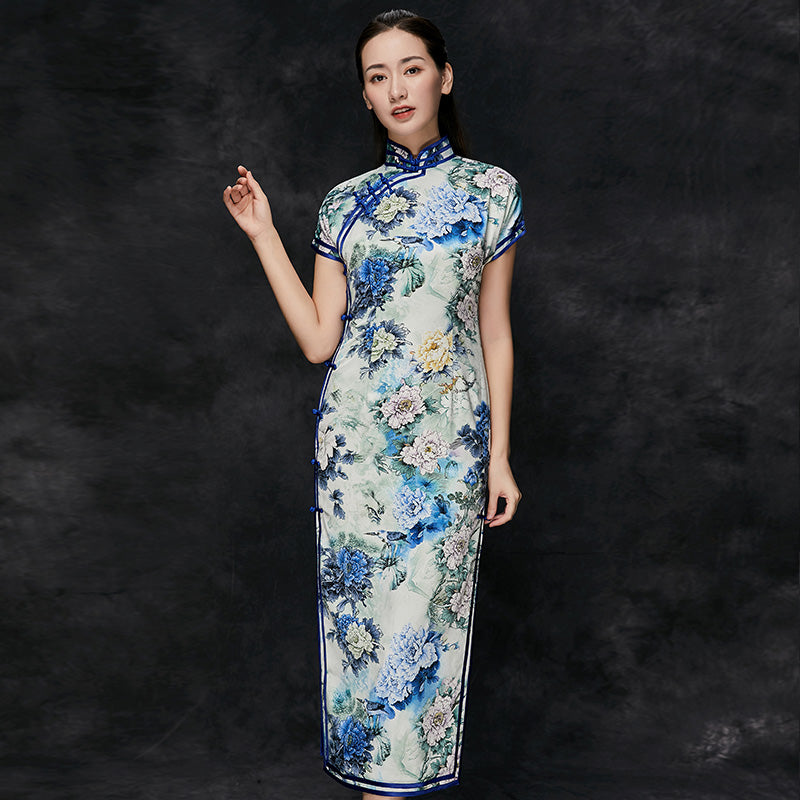 Cap Sleeve Tea Length Floral Cheongsam Qipao Dress