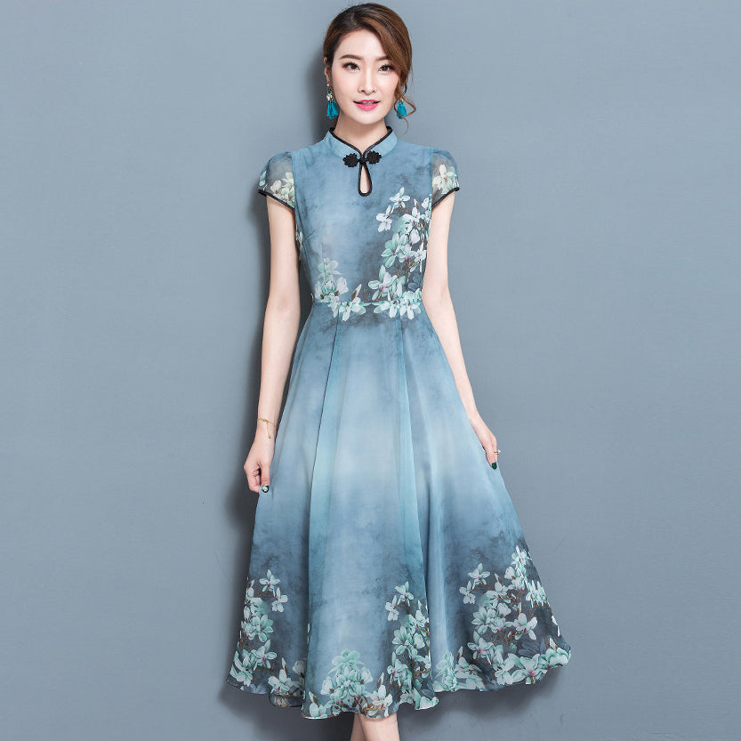 Cap Sleeve Tea Length Floral Chiffon Cheongsam Chinese Dress