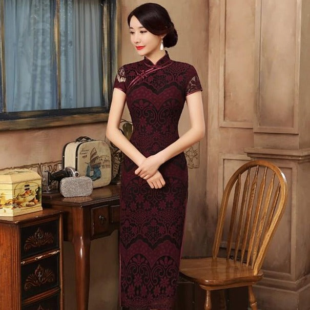 Cap Sleeve Tea Length Floral Lace Cheongsam Chinese Dress