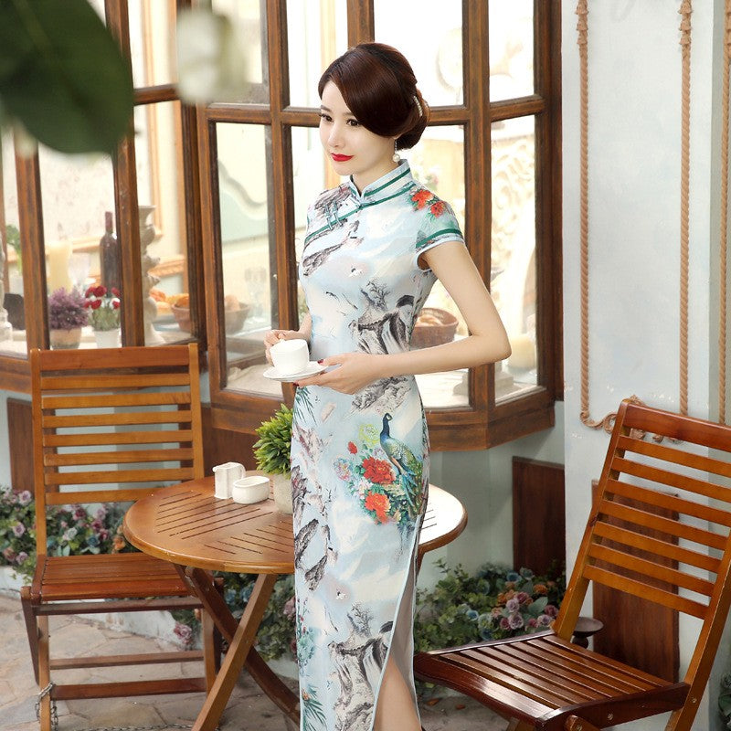 Cap Sleeve Tea Length Floral Linen Cheongsam Chinese Dress