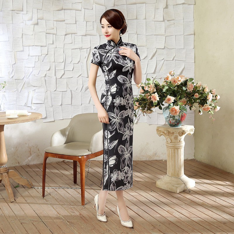 Cap Sleeve Tea Length Floral Linen Cheongsam Chinese Dress