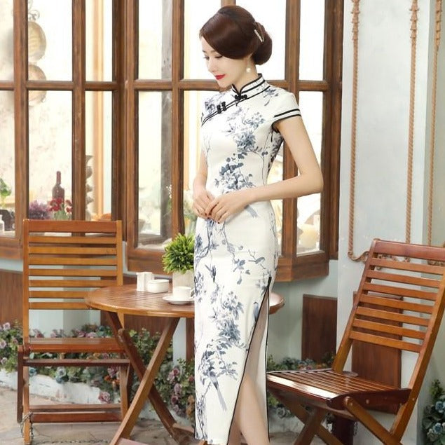 Cap Sleeve Tea Length Floral Linen Cheongsam Chinese Dress