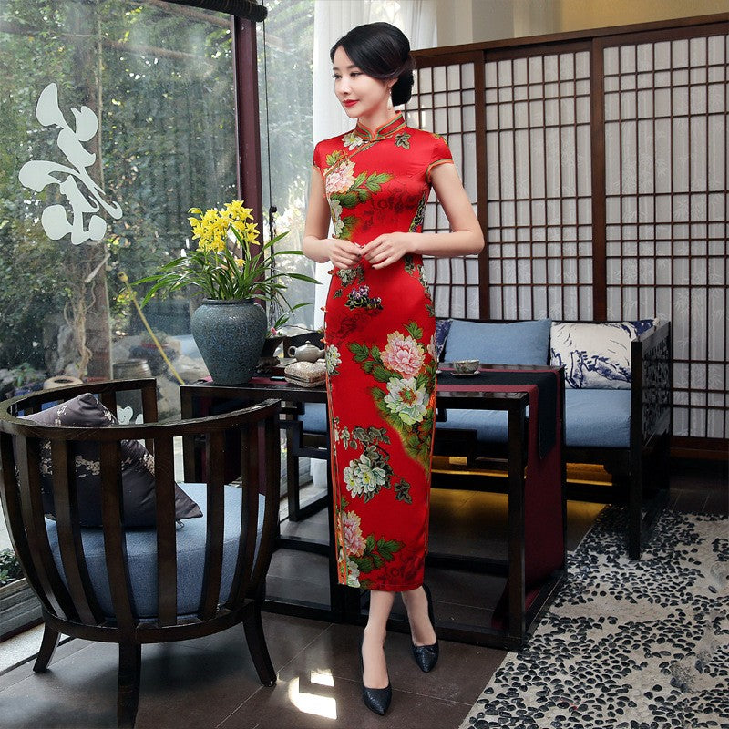 Cap Sleeve Tea Length Floral Silk Blend Cheongsam Chinese Dress