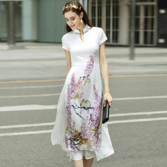 Cap Sleeve Tea Length Floral Spandex Ao Dai Dress