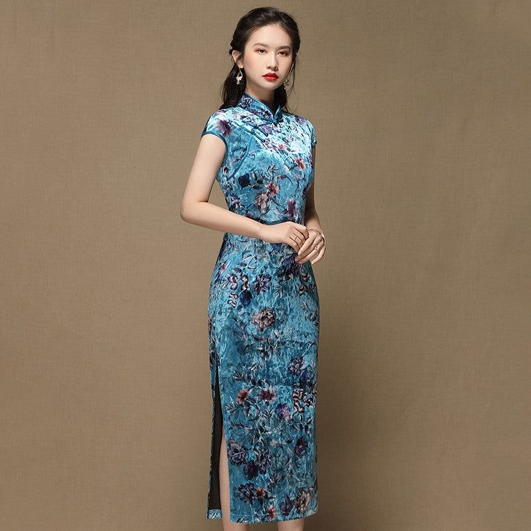 Cap Sleeve Tea Length Floral Velvet Retro Cheongsam Chinese Dress