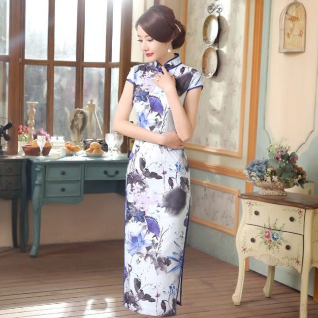 Cap Sleeve Tea Length Linen Cheongsam Chinese Dress with Handmade Drawing