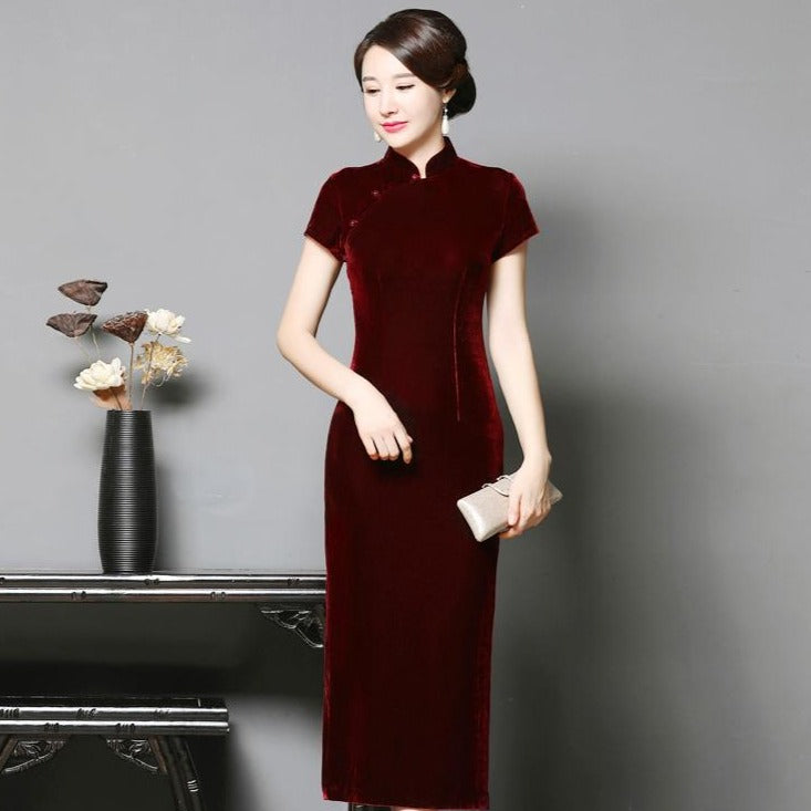 Cap Sleeve Tea Length Velvet Cheongsam Qipao Dress