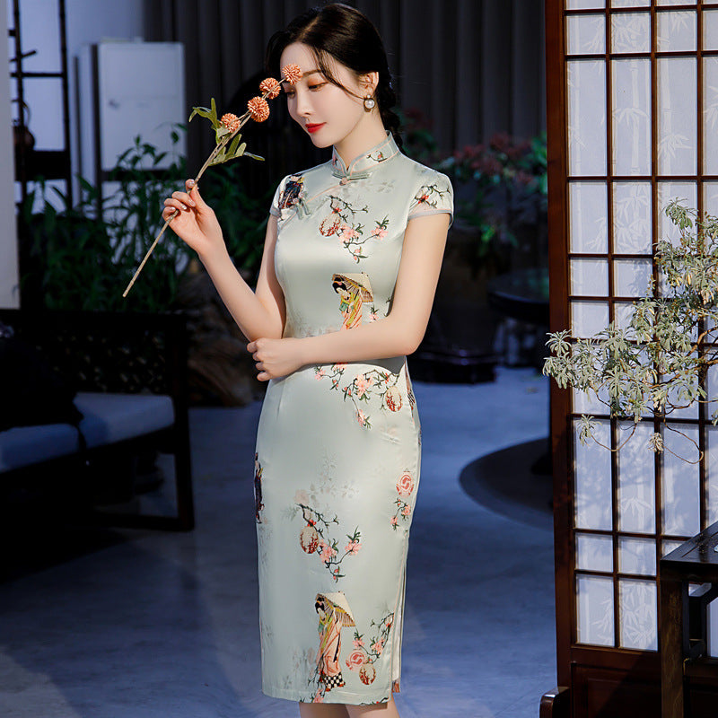 Cap Sleeve Traditional Cheongsam Knee Length Floral Chinese Dress