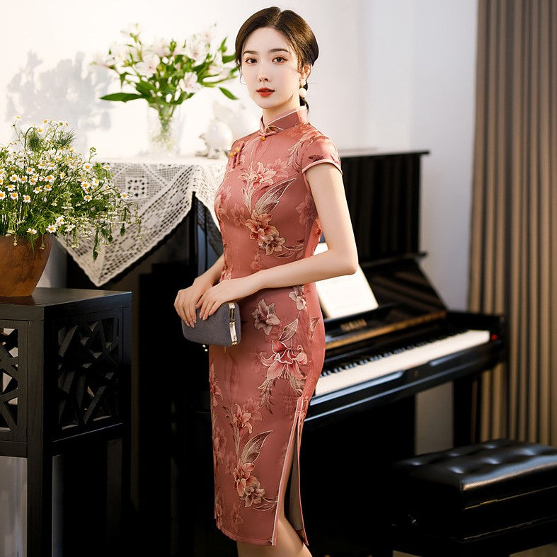 Cap Sleeve Traditional Cheongsam Knee Length Floral Chinese Dress