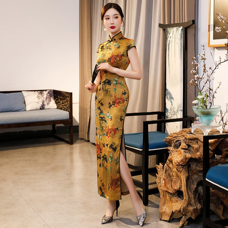 Cap Sleeve Traditional Floral Cheongsam A-Line Chinese Dress