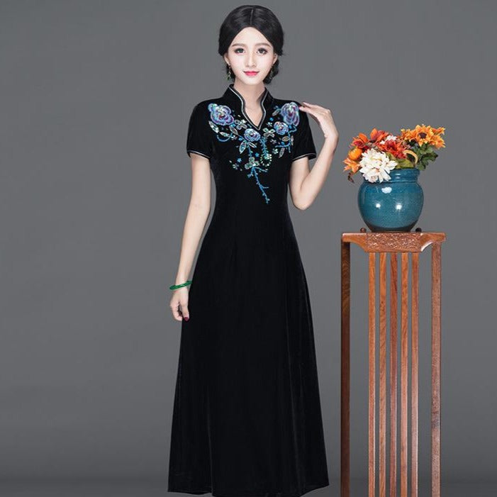 Cap Sleeve V Neck Floral Appliques Velvet Cheongsam Mother Dress