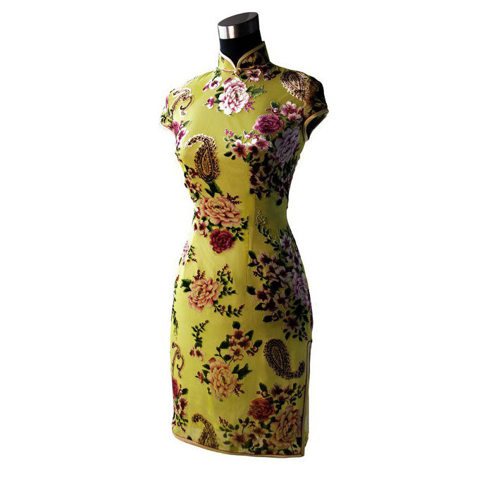 Cap Sleeve Velvet Cheongsam Floral Chinese Dress