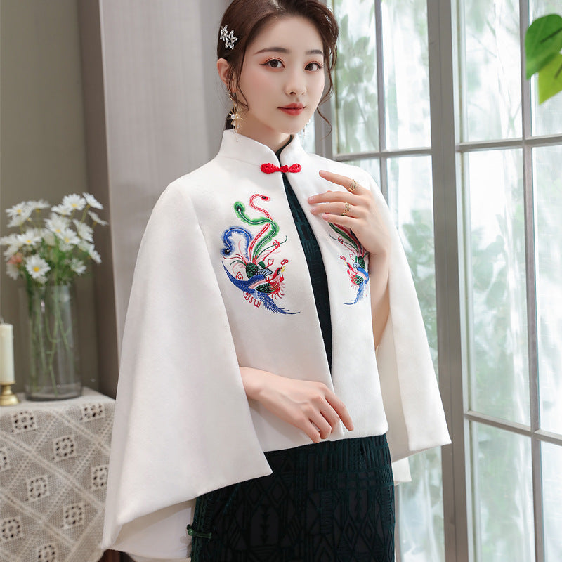 Cape Sleeve Dragon & Phoenix Embroidery Sheep Down Shawl Cloak Bolero Jacket