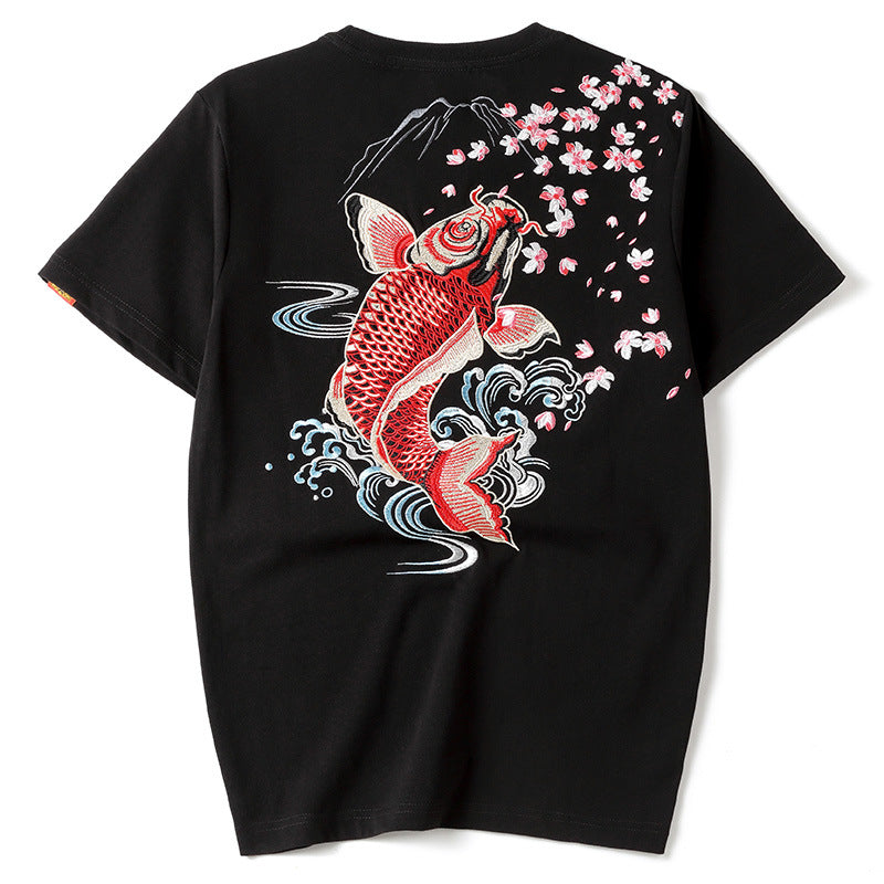 Carp Embroidery 100% Cotton Short Sleeve Unisex T-shirt