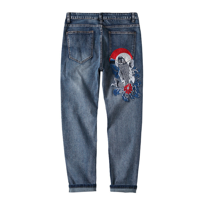 Carp Embroidery Oriental Style Jeans Straight-leg Pants