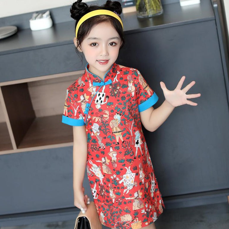 Cartoon Pattern Kid's Cheongsam Cotton Chinese Dress