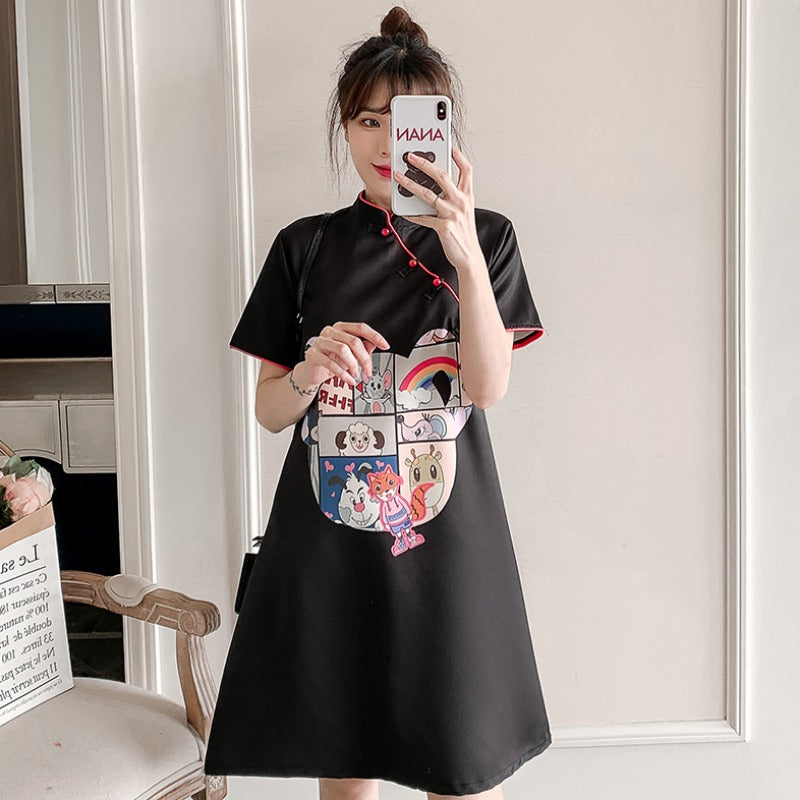 Cartoon Pattern Modern Cheongsam Chic Knee Length A-Line Dress