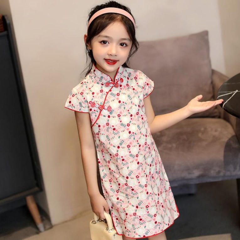 Cartoon Rabbit Pattern Stretchy Kid's Cheongsam Knee Length Chinese Dress