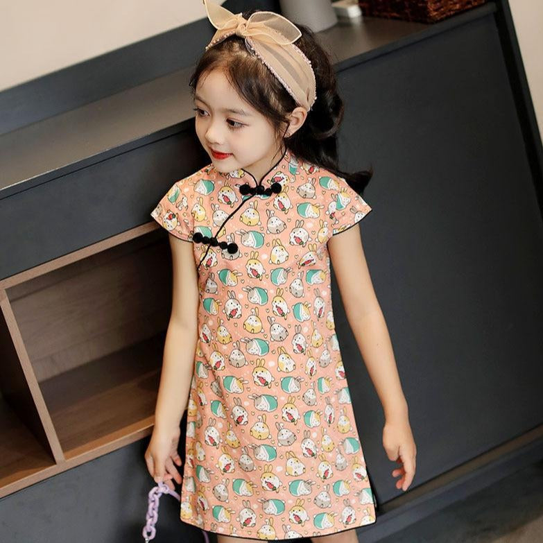 Cartoon Rabbit Pattern Stretchy Kid's Cheongsam Knee Length Chinese Dress