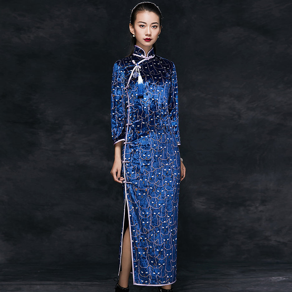 Cat Pattern Mandarin Sleeve Velvet Cheongsam Chinese Dress