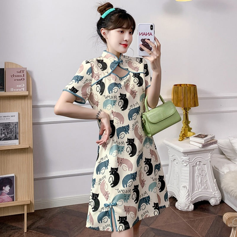 Cat Pattern Short Sleeve Modern Cheongsam Chic Plus Size A-Line Dress