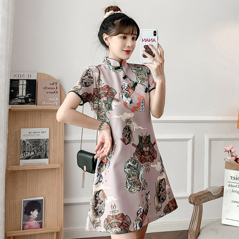 Cat Pattern Short Sleeve Modern Cheongsam Chic Plus Size A-Line Dress