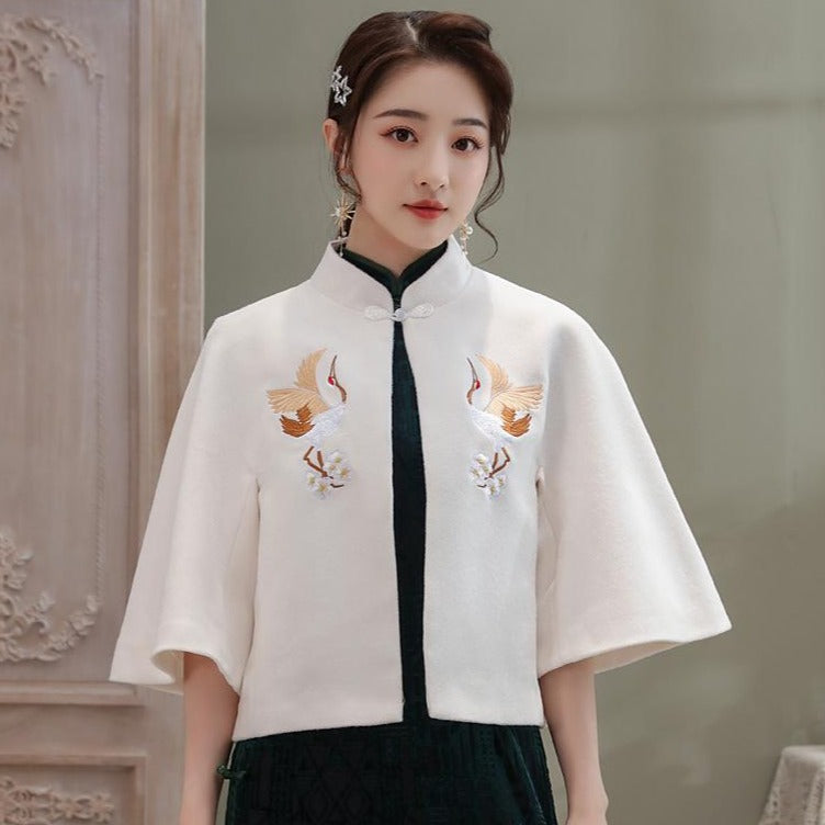 Cheongsam Matched Crane Embroidery Sheep Down Shawl Cloak Bolero Jacket