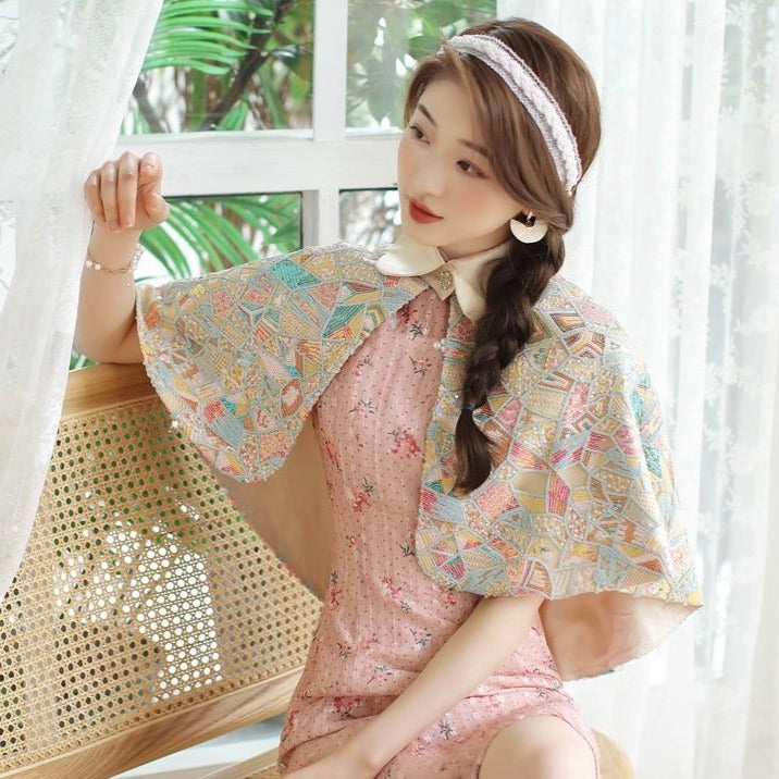 Cheongsam Matched Lapel Collar Floral Lace Shawl Cloak Bolero Jacket