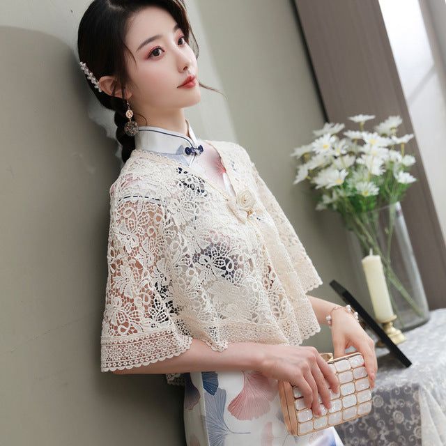 Cheongsam Matched V Neck Floral Lace Shawl Cloak Bolero Jacket with Flower Button