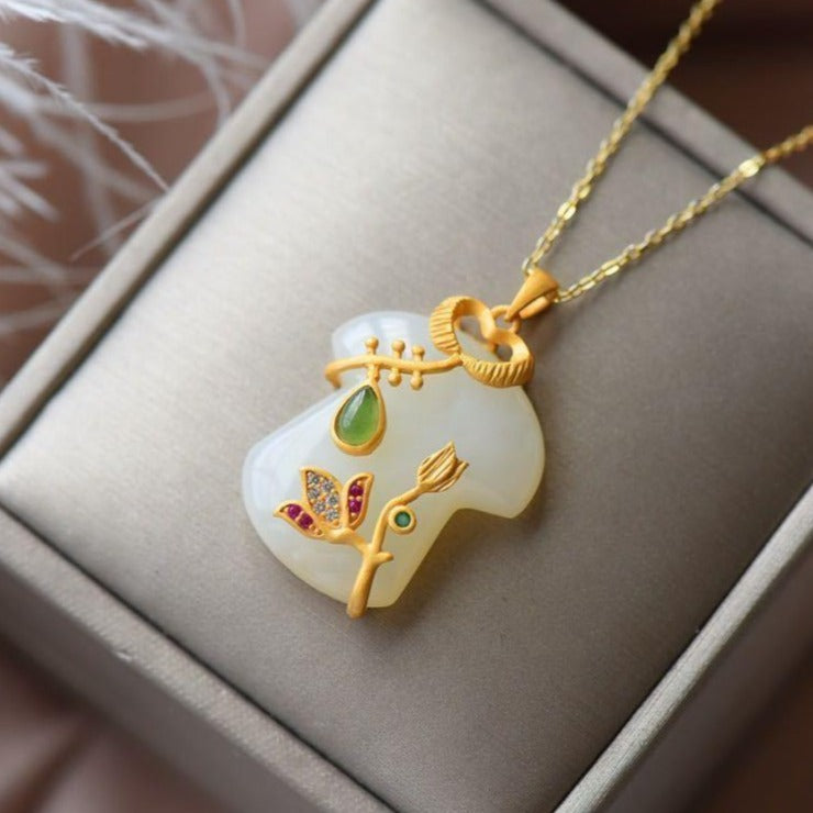 Cheongsam Shape White Jade Pendant Gilding Necklace