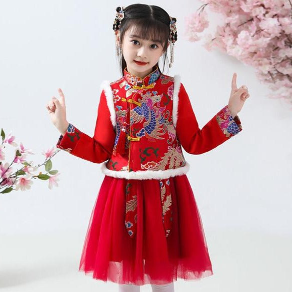 Cheongsam Top Brocade Wadded Coat with Pleated Skirt Girl's Suit