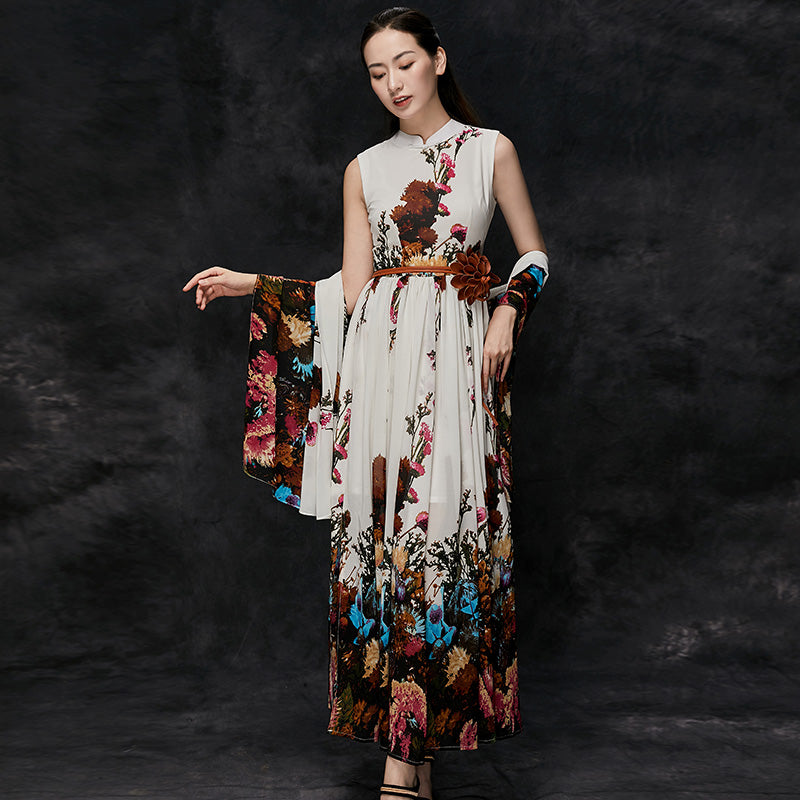 Cheongsam Top Floral Boho Dress with Bow Waist-tie