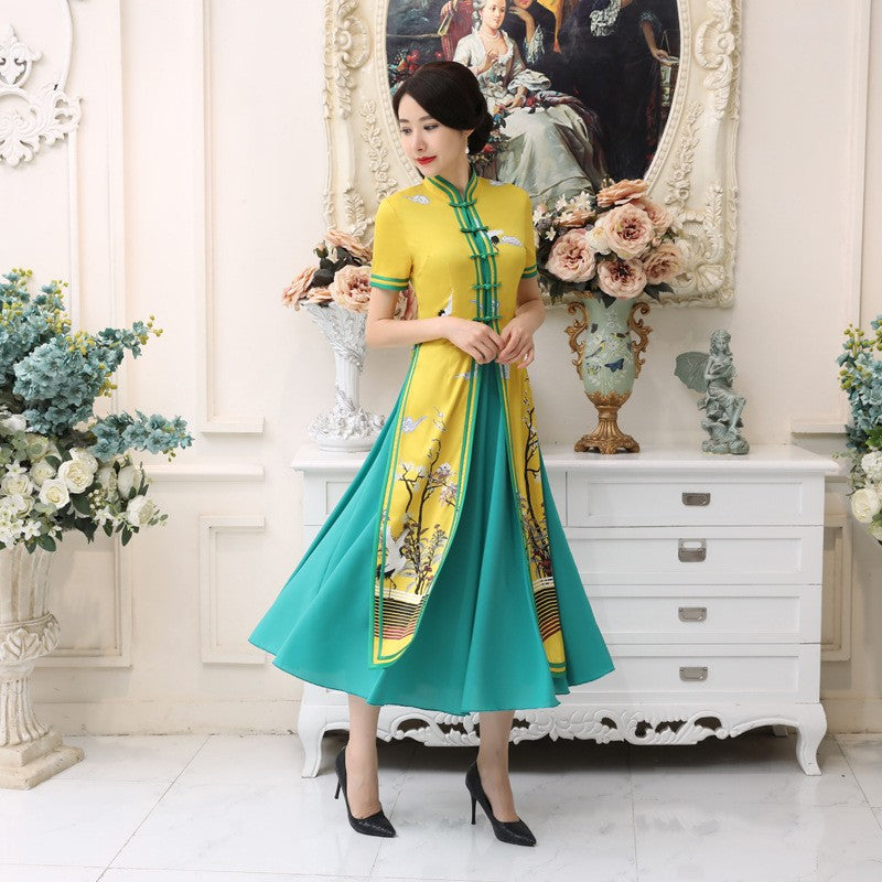 Cheongsam Top Full Length Ao Dai Two-piece Floral Dress