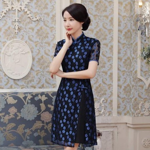 Cheongsam Top Knee Length Polka Dots Lace Ao Dai Dress