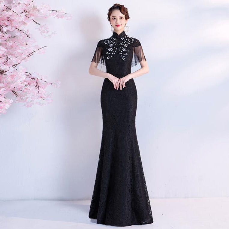 Cheongsam Top Lace Mermaid Evening Dress with Artificial Diamonds