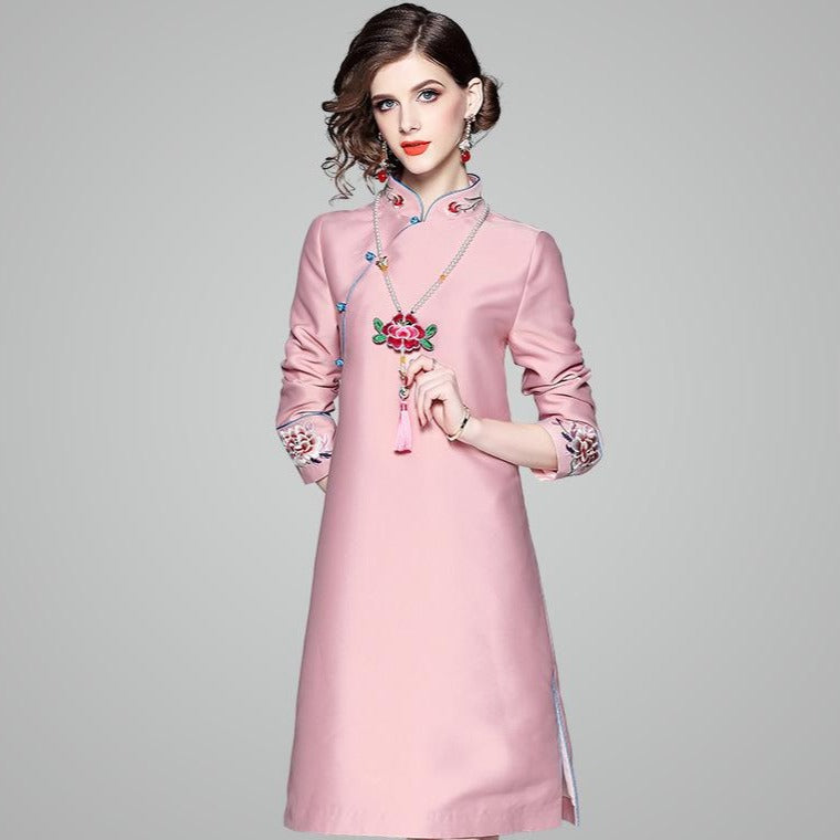 Cheongsam Top Long Sleeve Mandarin Collar Knee Length Chinese Dress